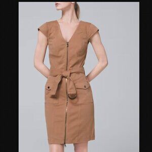White House Black Market Tan Zip-Front Belted Mini Dress